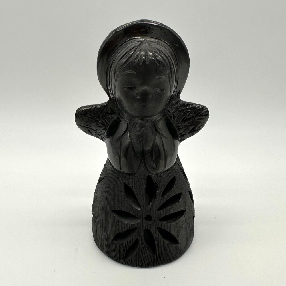 Vintage Black Clay Angel Figurine Tea Light Holder Statue Girl Pottery Handmade